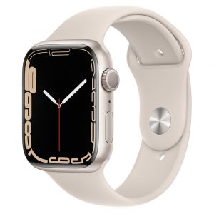 Apple Watch Series 7 45mm, корпус из алюминия в цвете Starlight (Сияющая звезда), Спортивный ремешок MKN63RU