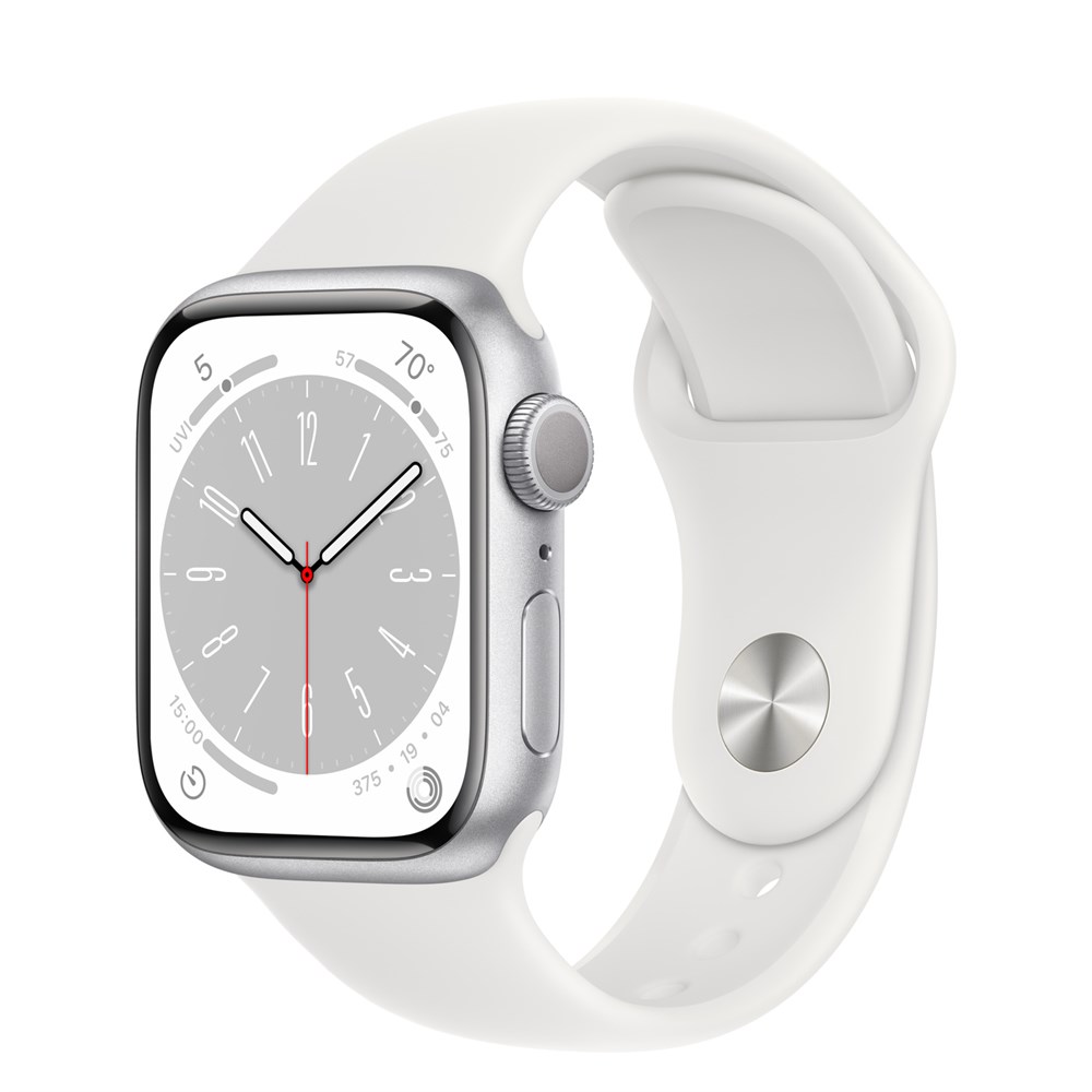 Apple Watch Series 8, 41 мм, корпус из алюминия серебристого цвета, спортивный ремешок белого цвета, два ремешка в комплекте