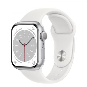 Apple Watch Series 8, 41 мм, корпус из алюминия серебристого цвета, спортивный ремешок белого цвета, размер S/M (130-180мм)