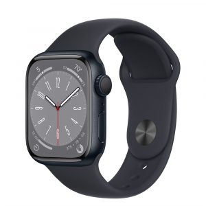 Apple Watch Series 8, 41 мм, корпус из алюминия в цвете Midnight (Тёмная ночь), спортивный ремешок в цвете Midnight (Тёмная ночь), размер M/L (150-200мм)