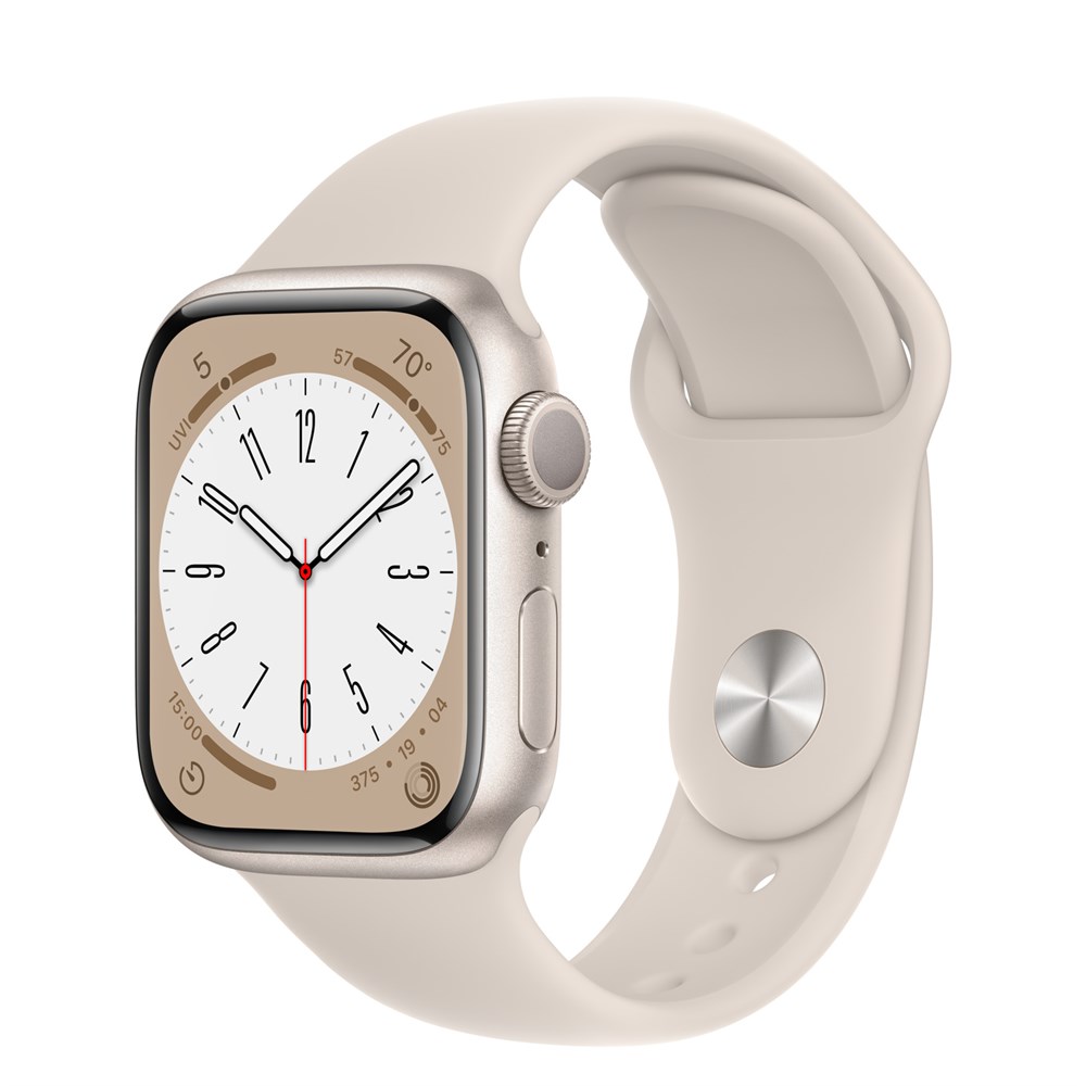 Apple Watch Series 8, 41 мм, корпус из алюминия в цвете Starlight (Сияющая звезда), спортивный ремешок в цвете Starlight (Сияющая звезда), размер S/M (130-180мм)