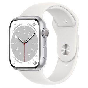 Apple Watch Series 8, 45 мм, корпус из алюминия серебристого цвета, спортивный ремешок белого цвета, размер M/L (160-210мм)