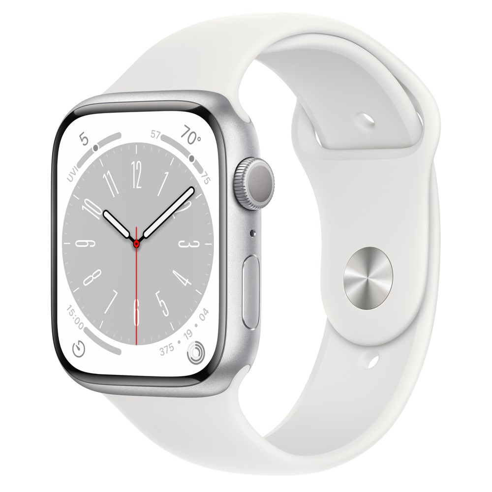 Apple Watch Series 8, 45 мм, корпус из алюминия серебристого цвета, спортивный ремешок белого цвета, размер M/L (160-210мм)