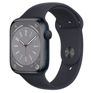 Apple Watch Series 8, 45 мм, корпус из алюминия в цвете Midnight (Тёмная ночь), спортивный ремешок в цвете Midnight (Тёмная ночь), размер M/L (160-210мм)