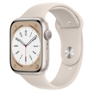 Apple Watch Series 8, 45 мм, корпус из алюминия в цвете Starlight (Сияющая звезда), спортивный ремешок в цвете Starlight (Сияющая звезда), два ремешка в комплекте
