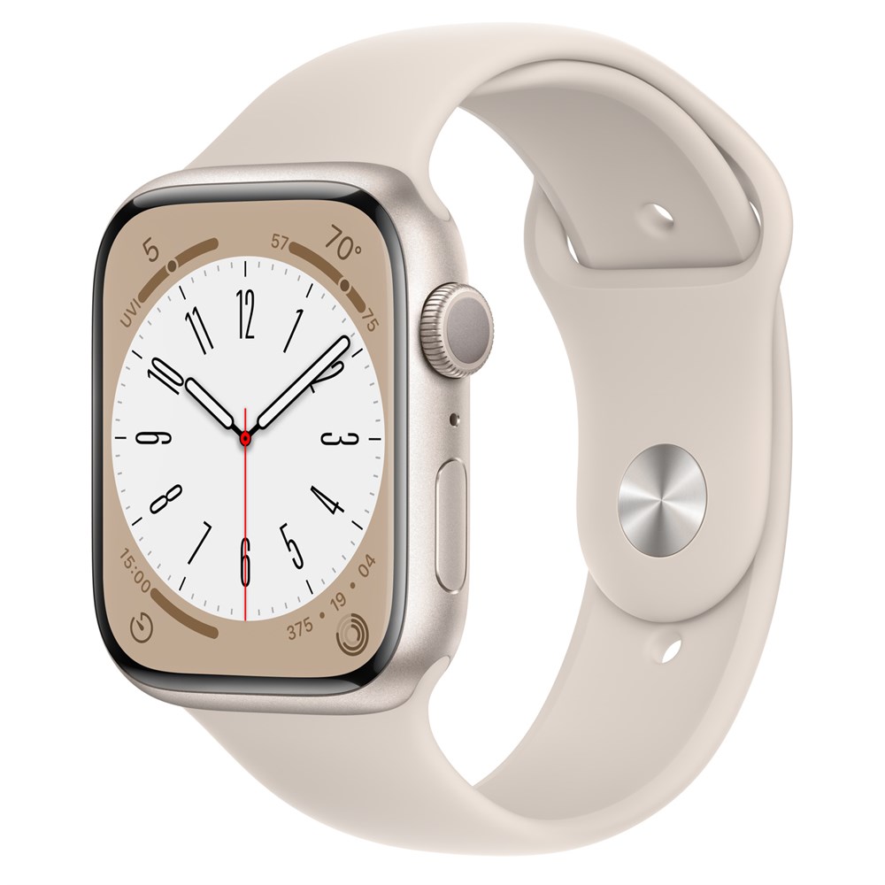 Apple Watch Series 8, 45 мм, корпус из алюминия в цвете Starlight (Сияющая звезда), спортивный ремешок в цвете Starlight (Сияющая звезда), размер M/L (160-210мм)
