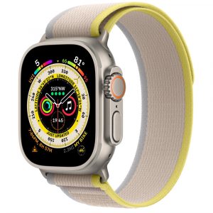 Apple Watch Ultra, 49 мм, корпус из титана, ремешок титановый/желто-бежевый, Trail Loop (S/M 130-180 мм)