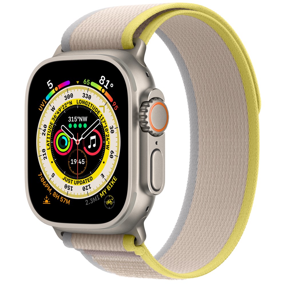 Apple Watch Ultra, 49 мм, корпус из титана, ремешок титановый/желто-бежевый, Trail Loop (S/M 130-180 мм)