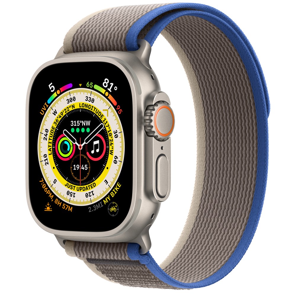 Apple Watch Ultra, 49 мм, корпус из титана, ремешок титановый/сине-серый, Trail Loop (S/M 130-180 мм)