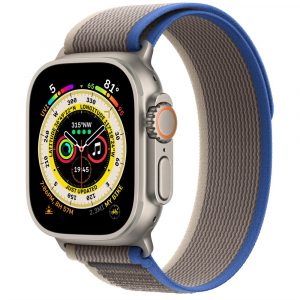 Apple Watch Ultra, 49 мм, корпус из титана, ремешок титановый/сине-серый, Trail Loop (M/L (145-220 мм)