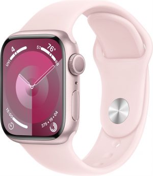 Apple Watch Series 9, 41 мм, корпус из алюминия, в цвете Pink (Розовый), спортивный ремешок, в цвете Light Pink (Нежно-Розовый), размер M/L (150-200 мм)