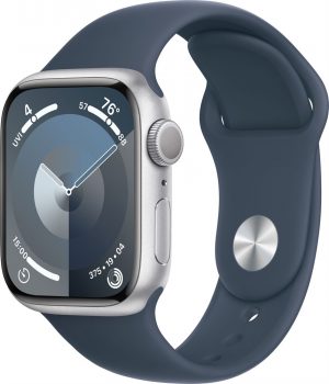 Apple Watch Series 9, 41 мм, корпус из алюминия, в цвете Silver (Серебристый), спортивный ремешок, в цвете Storm Blue (Грозовой синий), размер M/L (150-200 мм)