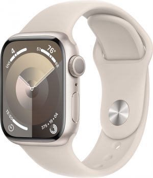 Apple Watch Series 9, 45 мм, корпус из алюминия, в цвете Starlight (Сияющая звезда), спортивный ремешок, в цвете Starlight (Сияющая звезда), размер M/L (160-210 мм)