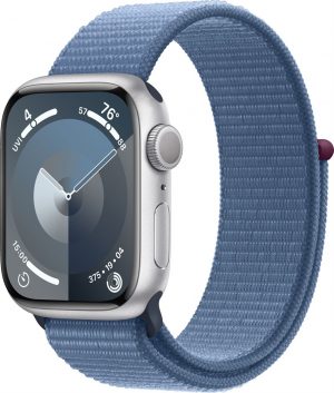 Apple Watch Series 9, 41 мм, корпус из алюминия, в цвете Silver (Серебристый), нейлоновый ремешок в цвете Storm Blue (Грозовой синий)
