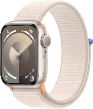 Apple Watch Series 9, 45 мм, корпус из алюминия, в цвете Starlight (Сияющая звезда), нейлоновый ремешок в цвете Starlight (Сияющая звезда)