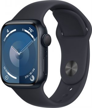 Apple Watch Series 9, 41 мм, корпус из алюминия, в цвете Midnight (Тёмная ночь), спортивный ремешок, в цвете Midnight (Тёмная ночь), размер S/M (130-180 мм)