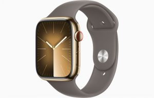 Apple Watch Series 9 45 мм, корпусс из нержавеющей стали, Золотой MRQL3, спортивный ремешок, в цвете Clay - M/L (160–210мм)