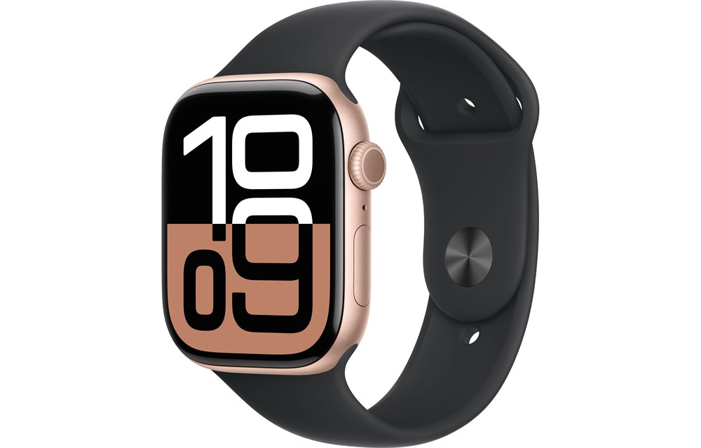 Apple Watch Series 10, 42 мм, Gold, Алюминиевый корпус с Black Sport Band - S/M (130-180мм)